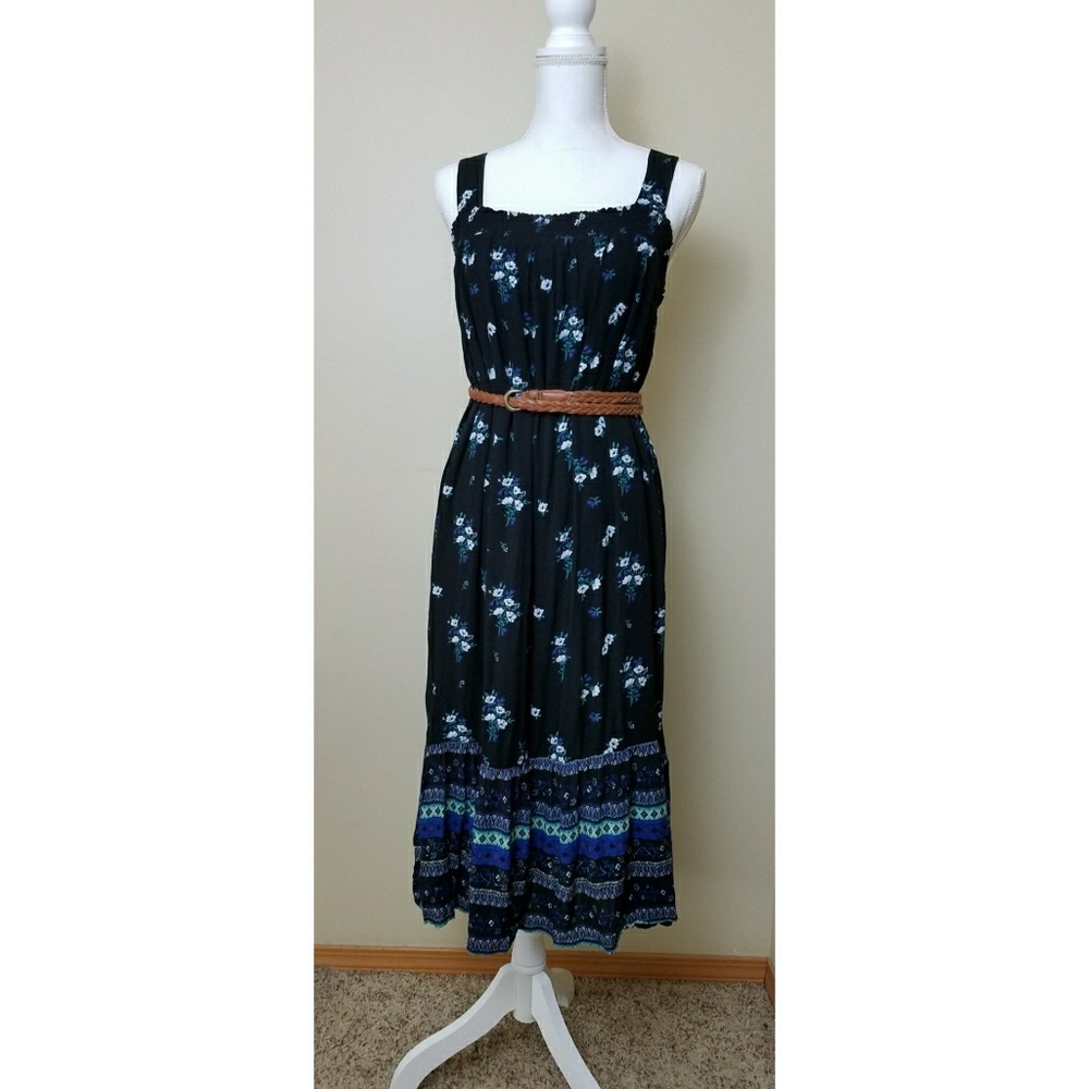 Old Navy Smocked Gauze Swing Dress Black Floral